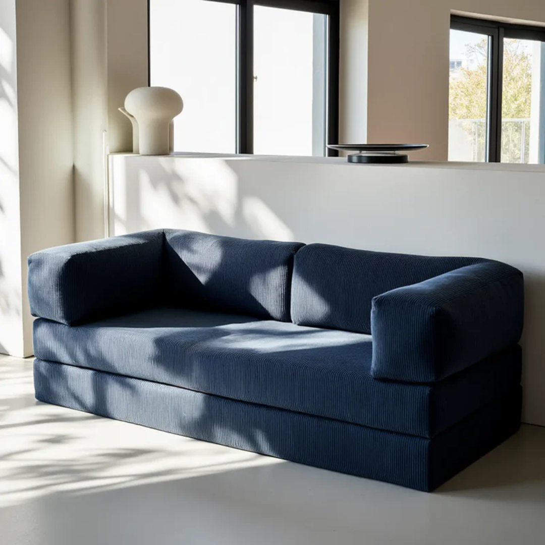 Sofa Bed - Sofa in a Box + Footrest in Blue Boucle Fabric