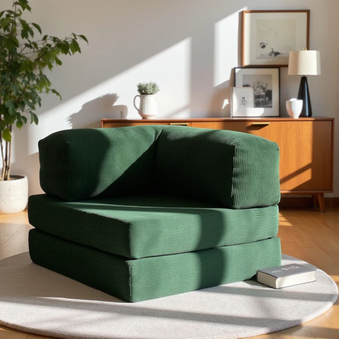 Bloom Sofa Bed - Sofa in a Box + Bloom Armchair in Moss Green Boucle Fabric