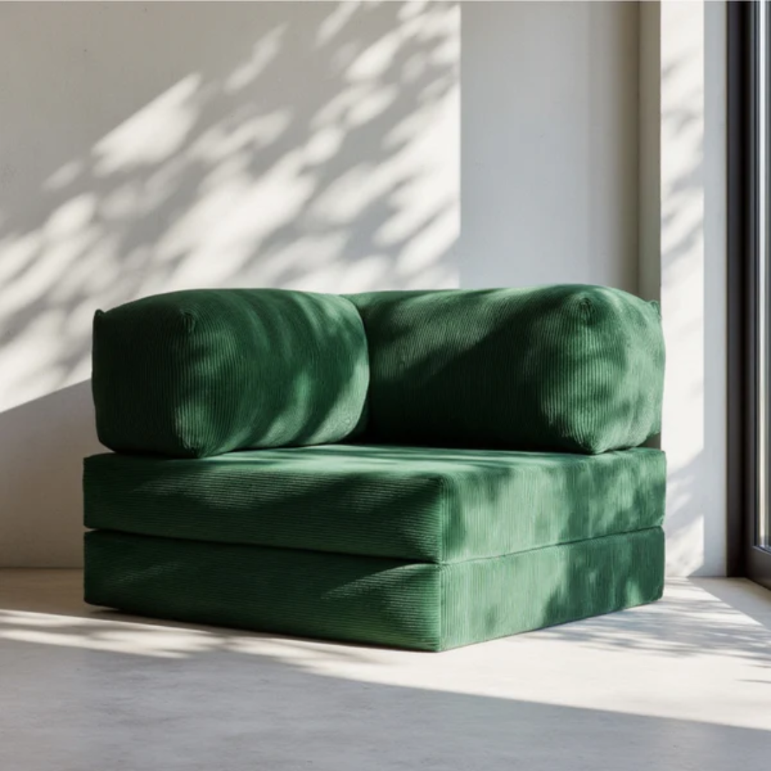 Bloom Sofa Bed - Sofa in a Box + Bloom Armchair in Moss Green Boucle Fabric