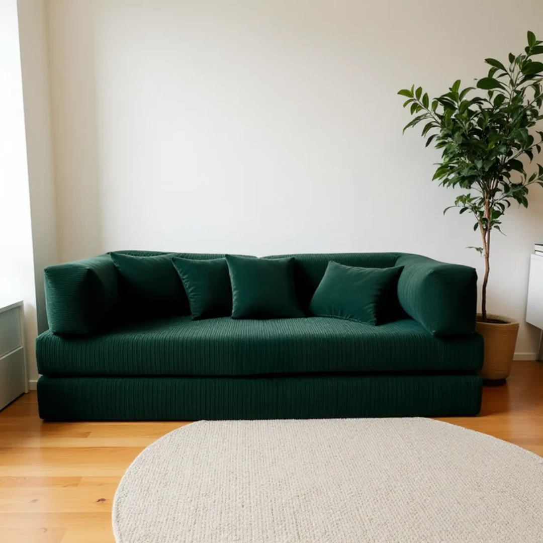 Sofa Bed - Sofa in a Box + Footrest in Moss Green Boucle Fabric