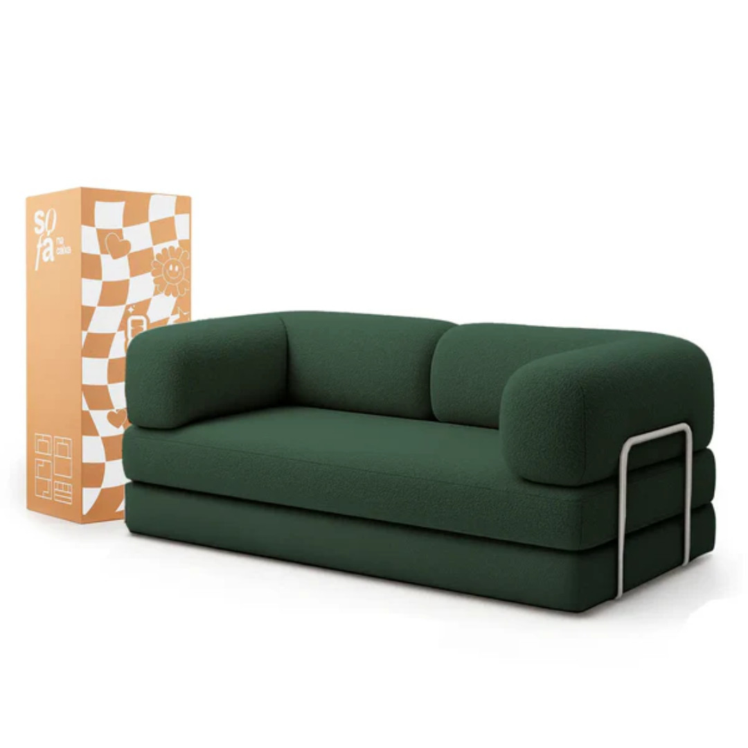 Bloom Sofa Bed - Sofa in a Box + Bloom Armchair in Moss Green Boucle Fabric