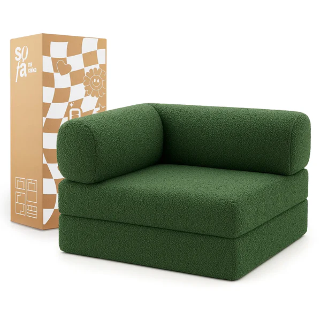 Bloom Sofa Bed - Sofa in a Box + Bloom Armchair in Moss Green Boucle Fabric