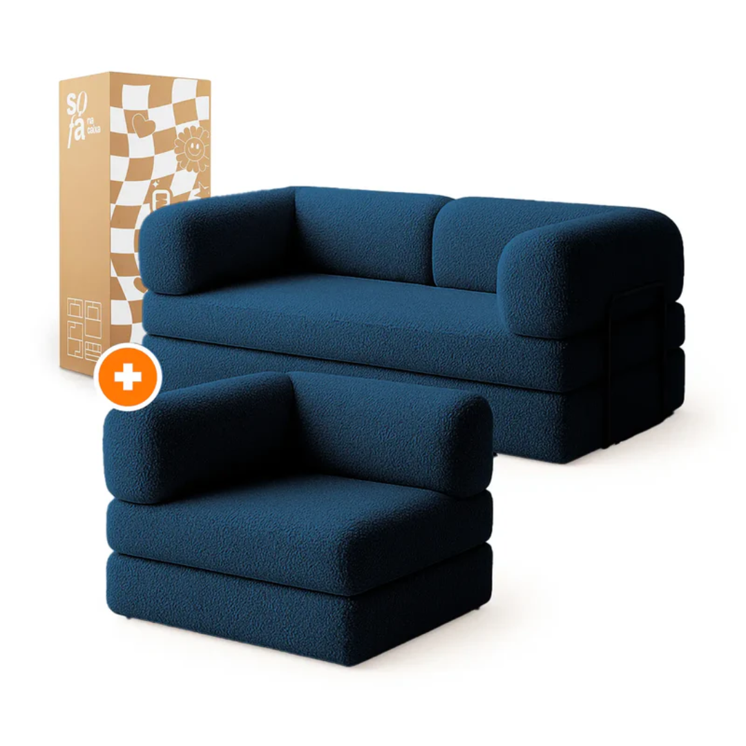 Bloom Sofa Bed - Sofa in a Box + Bloom Armchair in Blue Boucle Fabric