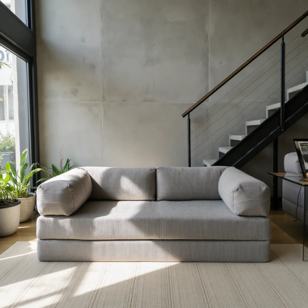 Sofa Bed - Sofa in a Box + Footrest in Gray Boucle Fabric