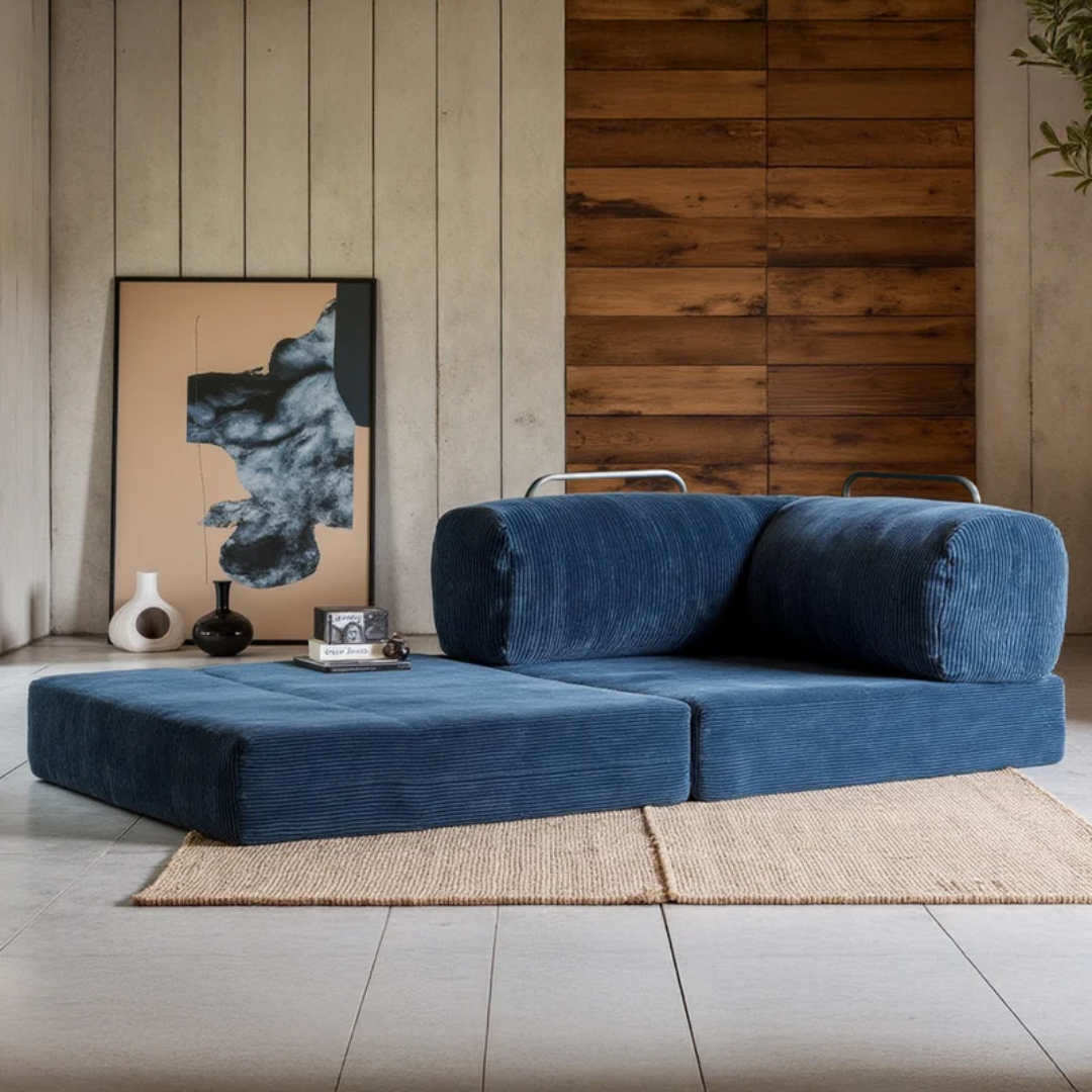 Bloom Sofa Bed - Sofa in a Box + Bloom Armchair in Blue Boucle Fabric