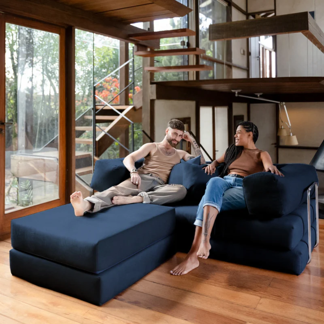 Sofa Bed - Sofa in a Box + Footrest in Blue Boucle Fabric