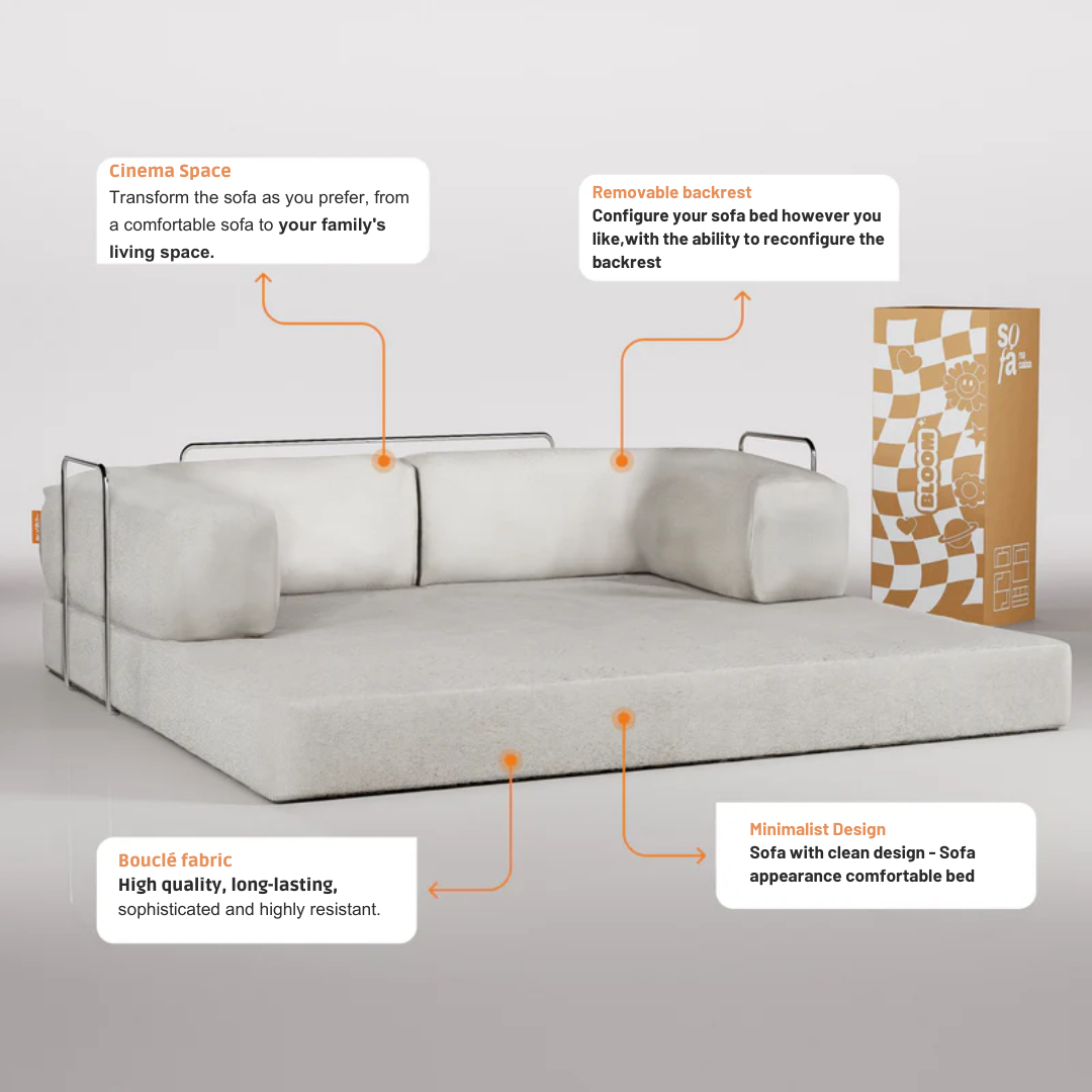 Sofa Bed - Sofa in a Box + Footrest Orange Boucle Fabric
