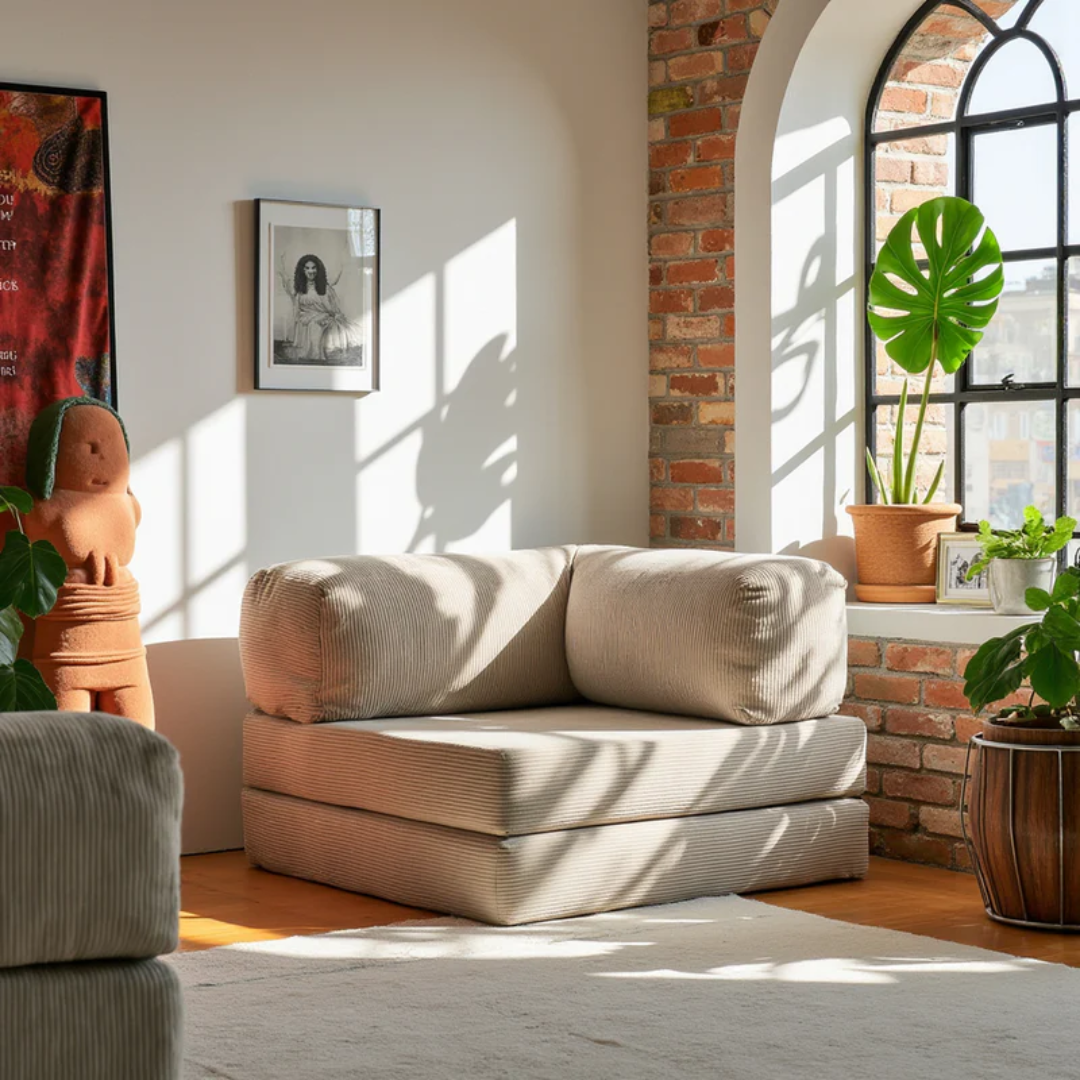Bloom Sofa Bed - Sofa in a Box + Bloom Armchair in Orange Boucle Fabric