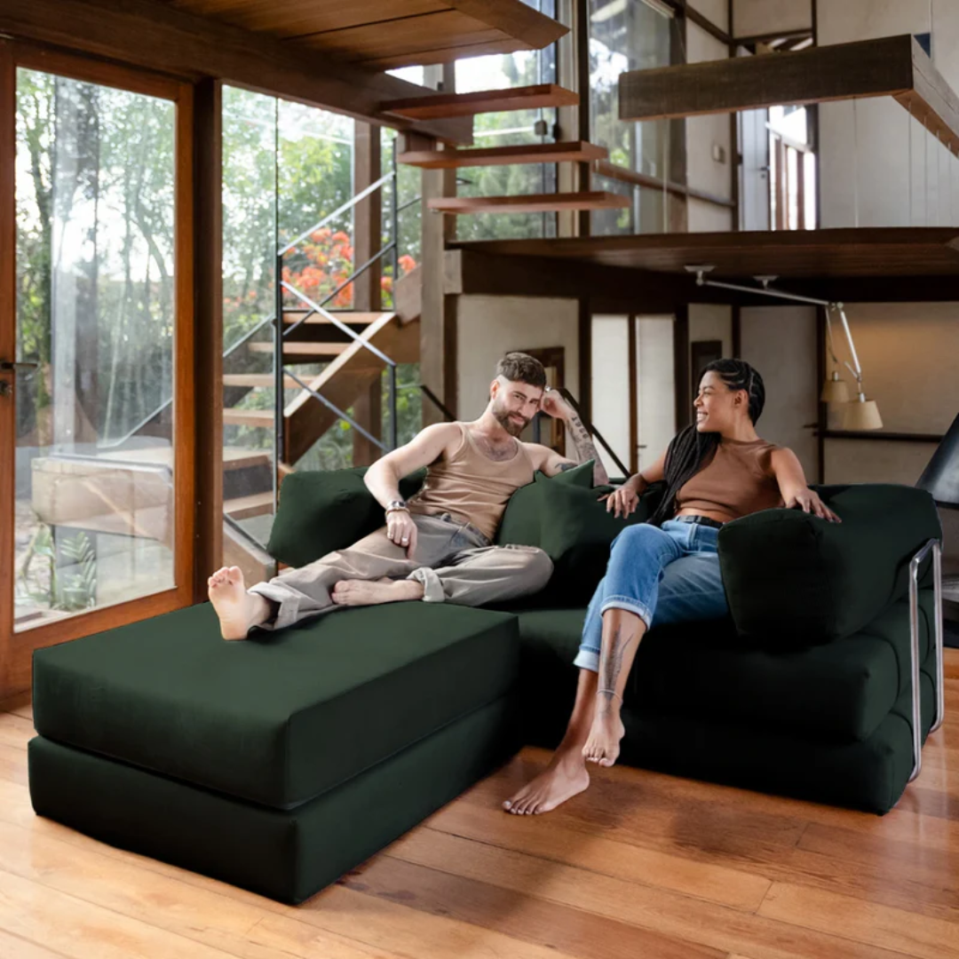 Sofa Bed - Sofa in a Box + Footrest in Moss Green Boucle Fabric