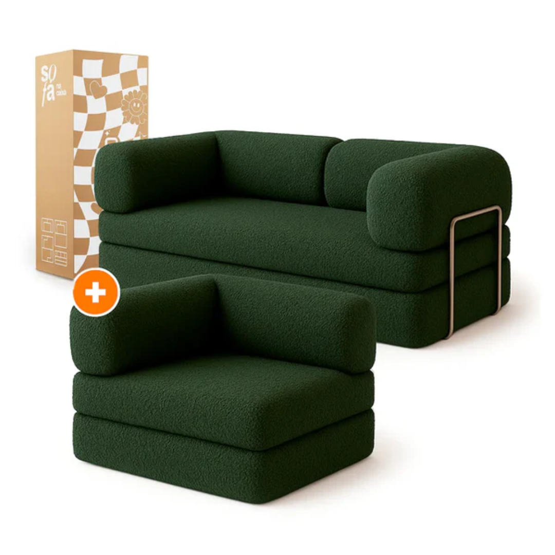 Bloom Sofa Bed - Sofa in a Box + Bloom Armchair in Moss Green Boucle Fabric