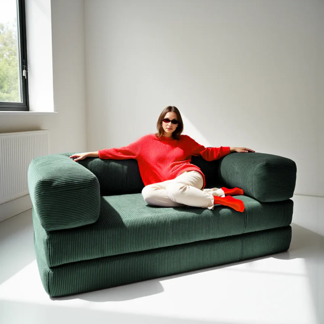 Sofa Bed - Sofa in a Box + Footrest in Moss Green Boucle Fabric