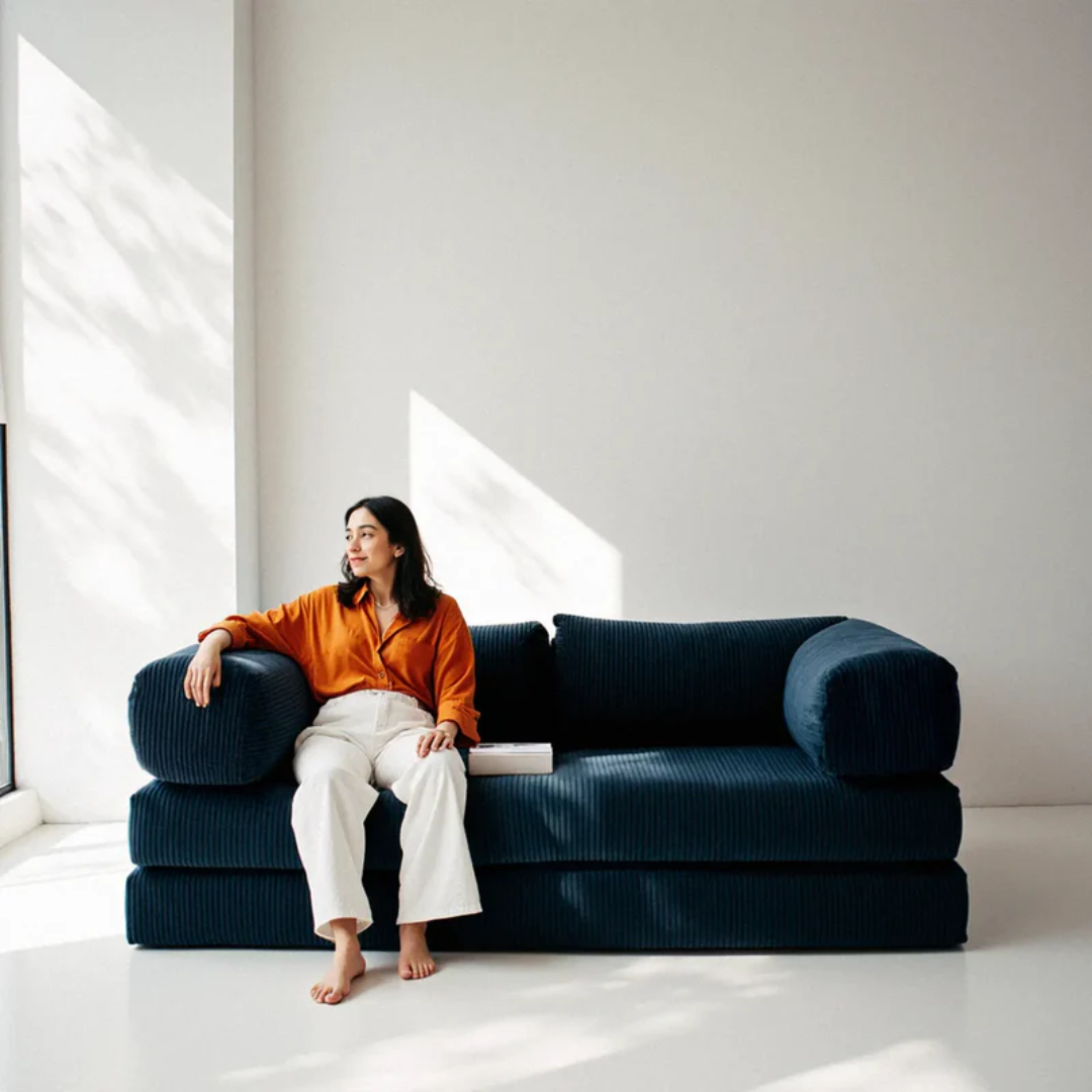 Sofa Bed - Sofa in a Box + Footrest in Blue Boucle Fabric