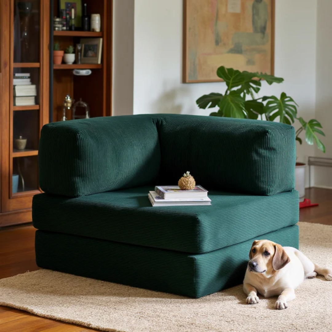 Bloom Sofa Bed - Sofa in a Box + Bloom Armchair in Moss Green Boucle Fabric