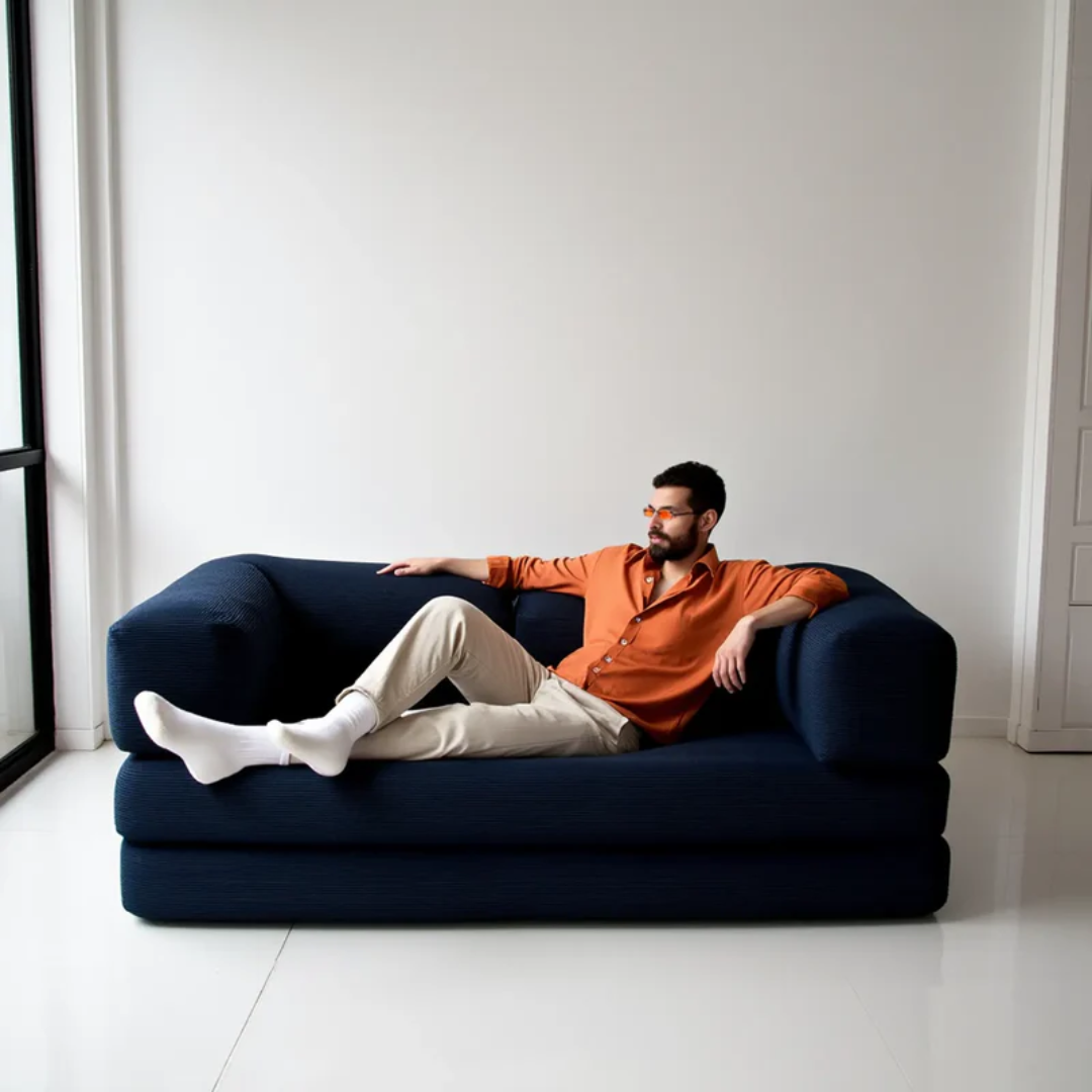 Sofa Bed - Sofa in a Box + Footrest in Blue Boucle Fabric