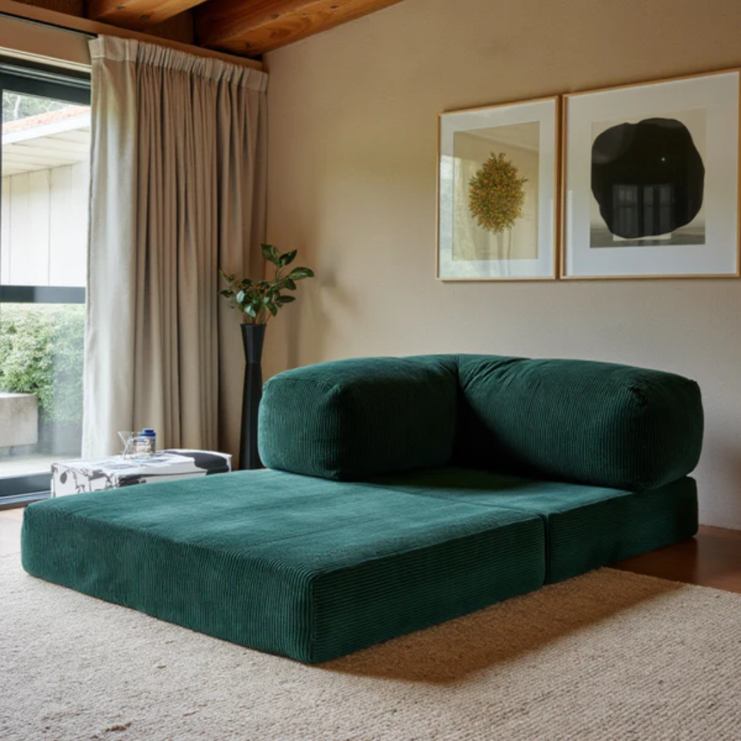 Bloom Sofa Bed - Sofa in a Box + Bloom Armchair in Moss Green Boucle Fabric