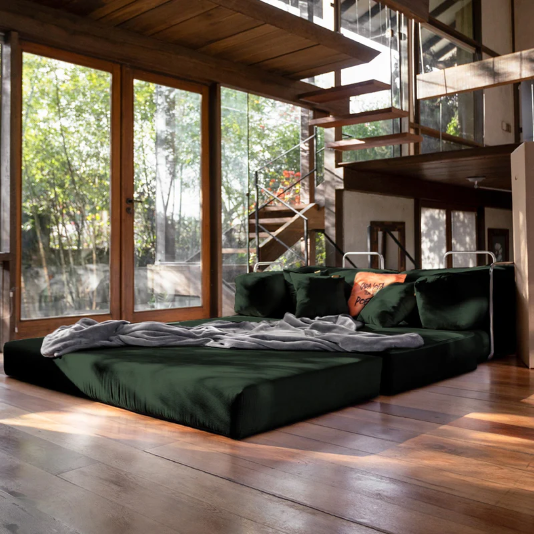 Sofa Bed - Sofa in a Box + Footrest in Moss Green Boucle Fabric