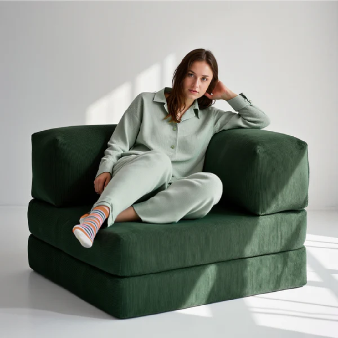 Bloom Sofa Bed - Sofa in a Box + Bloom Armchair in Moss Green Boucle Fabric