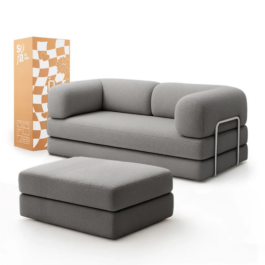 Sofa Bed - Sofa in a Box + Footrest in Gray Boucle Fabric