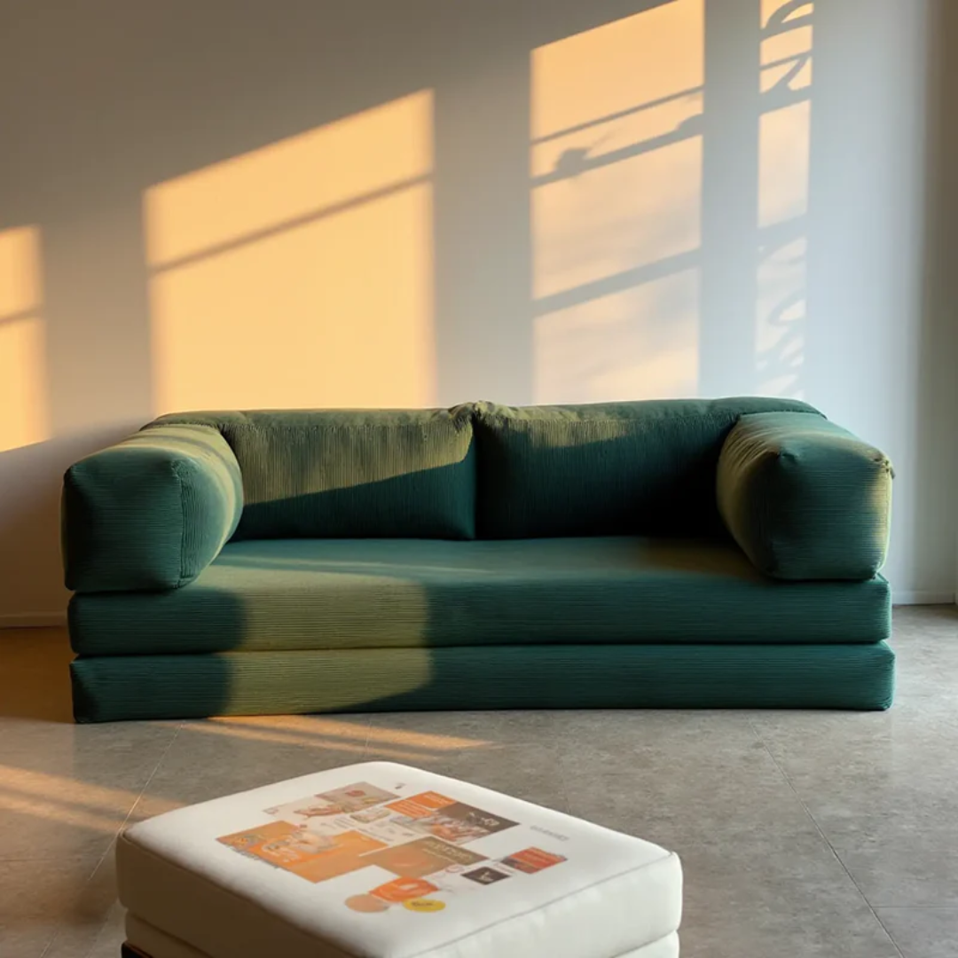 Sofa Bed - Sofa in a Box + Footrest in Moss Green Boucle Fabric