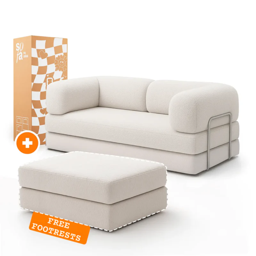 Sofa Bed - Sofa in a Box + Footrest in White Boucle Fabric