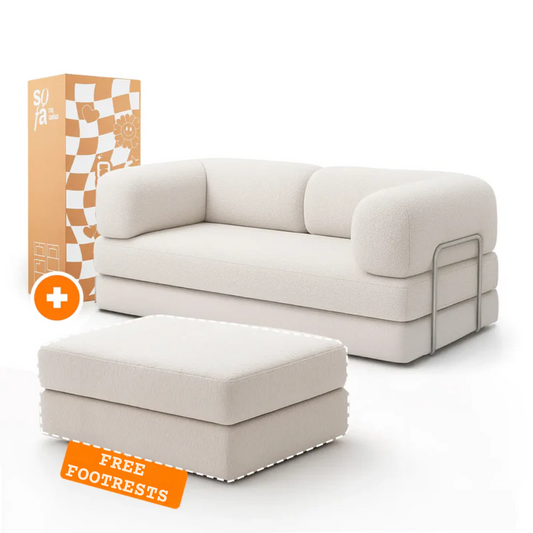 Sofa Bed - Sofa in a Box + Footrest in White Boucle Fabric