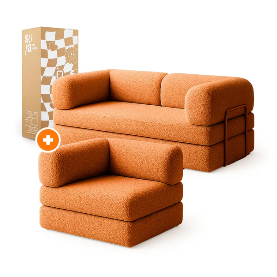 Bloom Sofa Bed - Sofa in a Box + Bloom Armchair in Orange Boucle Fabric
