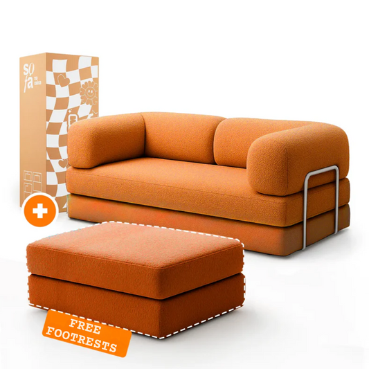Sofa Bed - Sofa in a Box + Footrest Orange Boucle Fabric