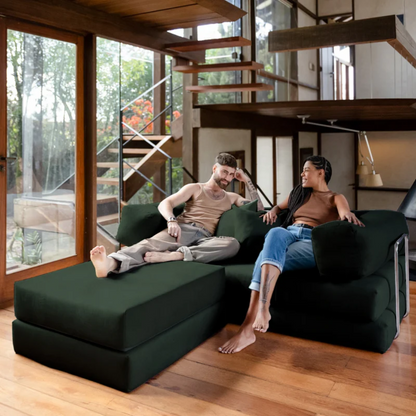 Sofa Bed - Sofa in a Box + Footrest in Moss Green Boucle Fabric