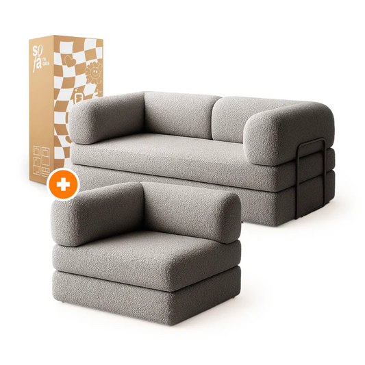 Bloom Sofa Bed - Sofa in a Box + Bloom Armchair in Gray Boucle Fabric