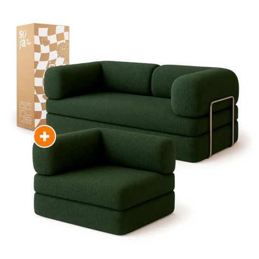 Bloom Sofa Bed - Sofa in a Box + Bloom Armchair in Moss Green Boucle Fabric