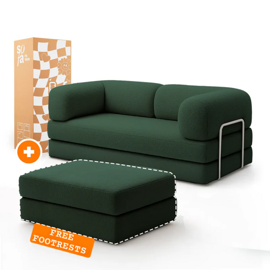 Sofa Bed - Sofa in a Box + Footrest in Moss Green Boucle Fabric